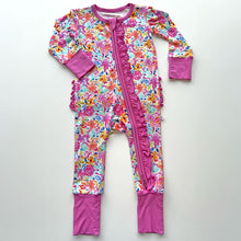 Load image into Gallery viewer, Pink Floral Bamboo Zip Footie