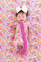Load image into Gallery viewer, Pink Floral Bamboo Zip Footie