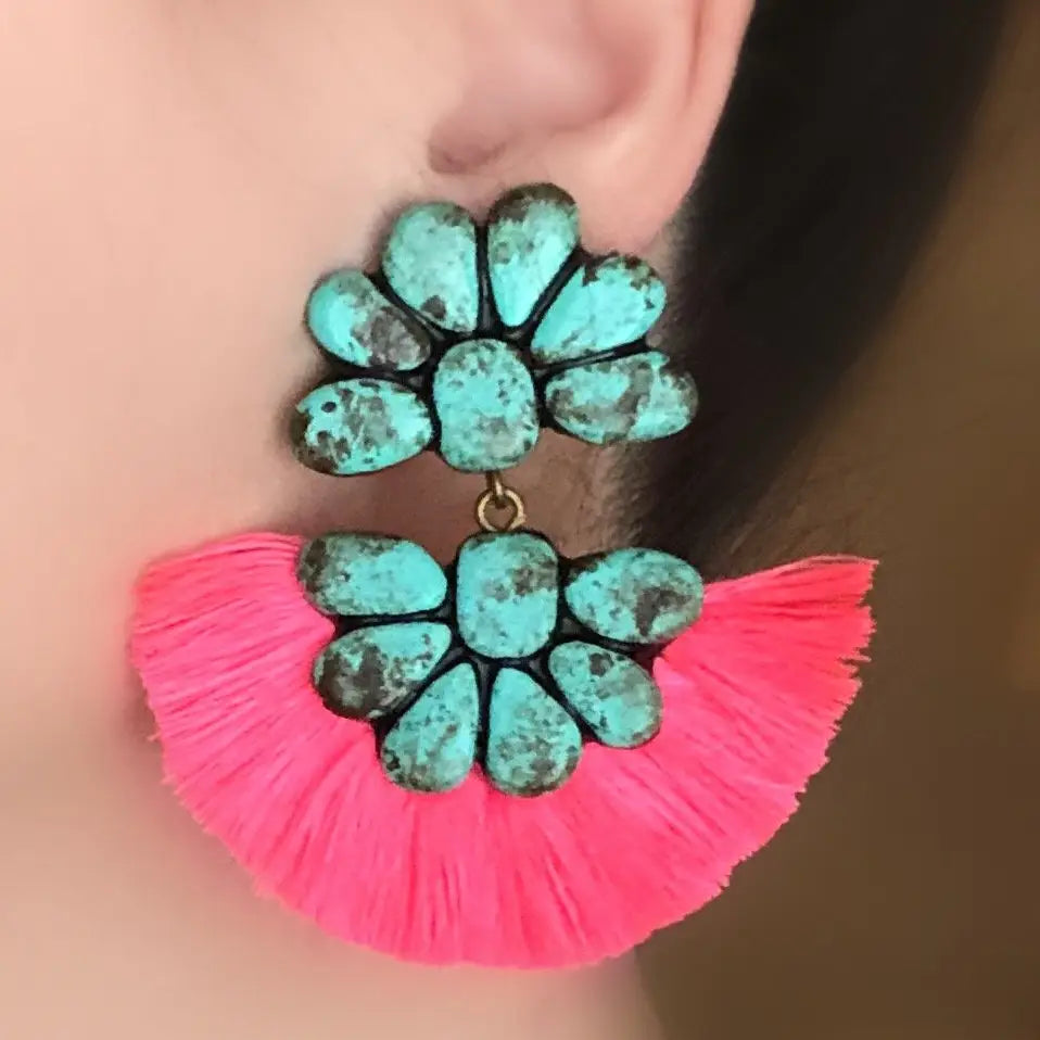 Abbigail Turquoise with Neon Pink Fringe Earring