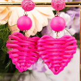 Neon Pink Heart Raffia Earrings