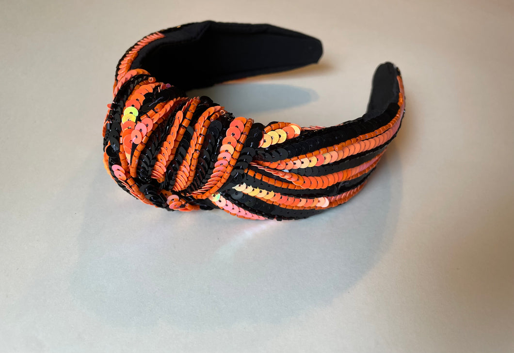 Black Headband -Orange & Black Sequins