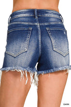 Load image into Gallery viewer, Dark Wash Frayed Hem Denim Shorts

