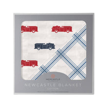 Load image into Gallery viewer, Blue and Red Fire Truck Blanket

