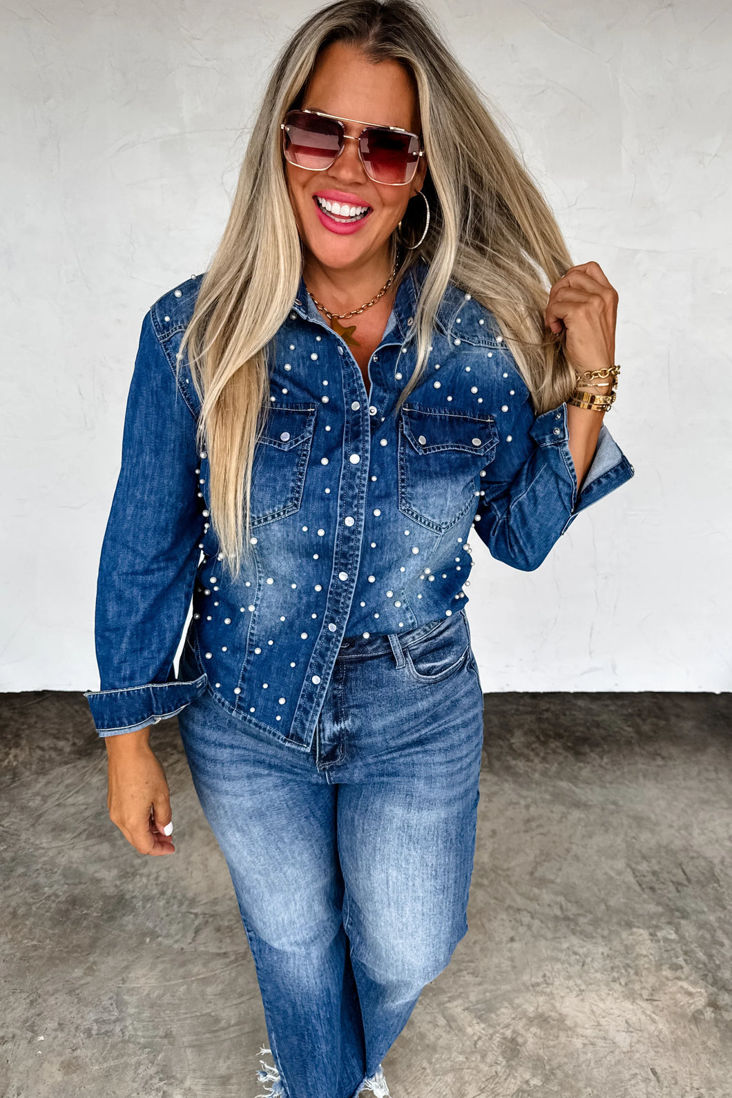 Dolly Denim Top with Pearls