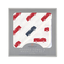 Load image into Gallery viewer, Fire Truck Hooded Towel &amp; Washcloth Set
