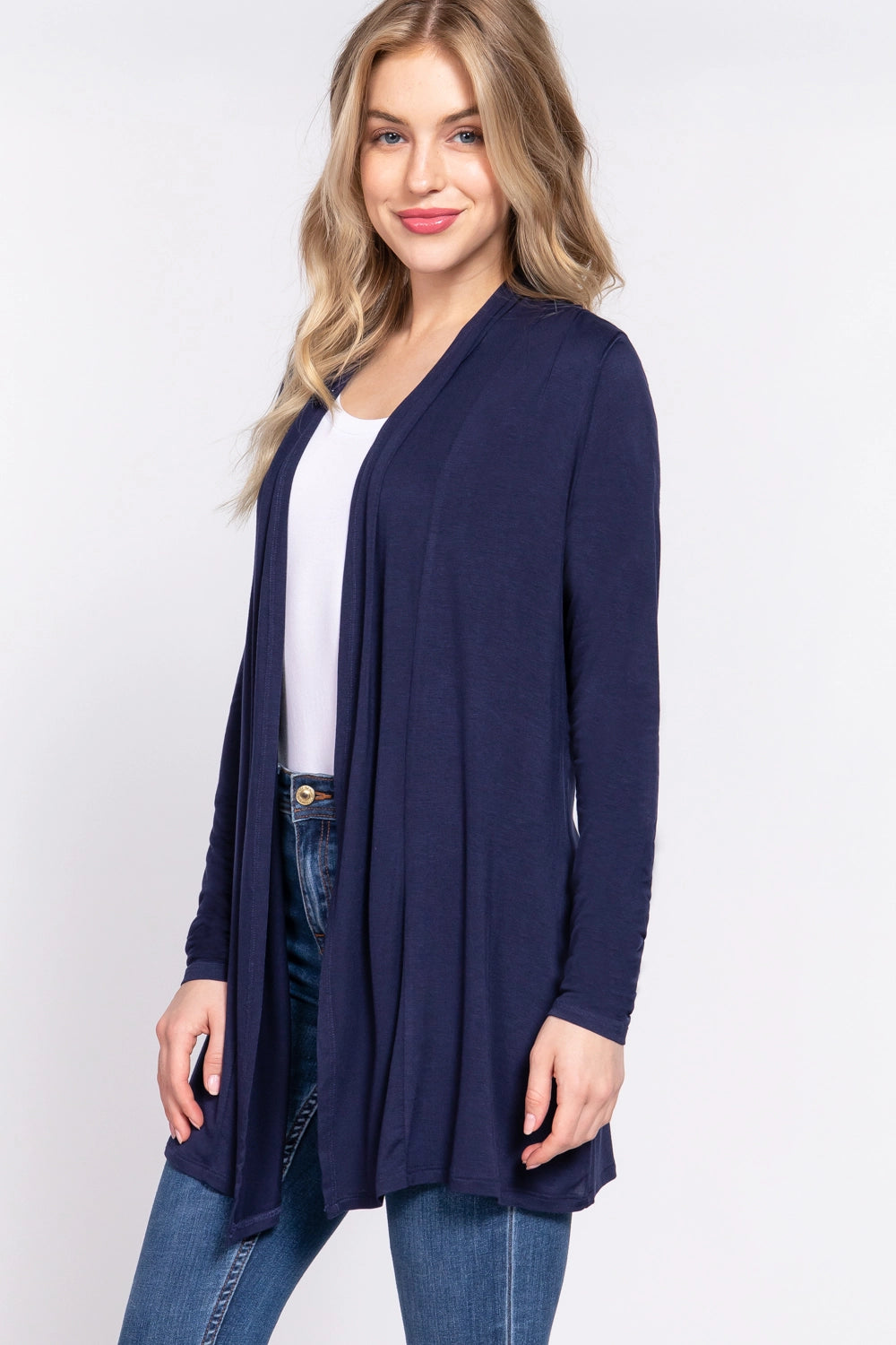 Fitted Long Sleeve Front Open Light Cardigan - Navy