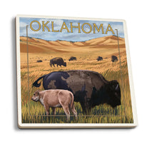 Load image into Gallery viewer, Buffalo and Calf Oklahoma Ceramic Coaster
