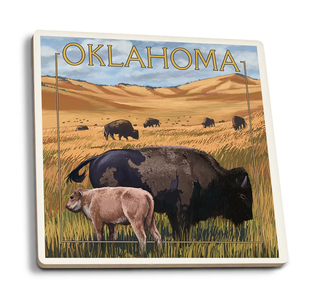 Buffalo and Calf Oklahoma Ceramic Coaster