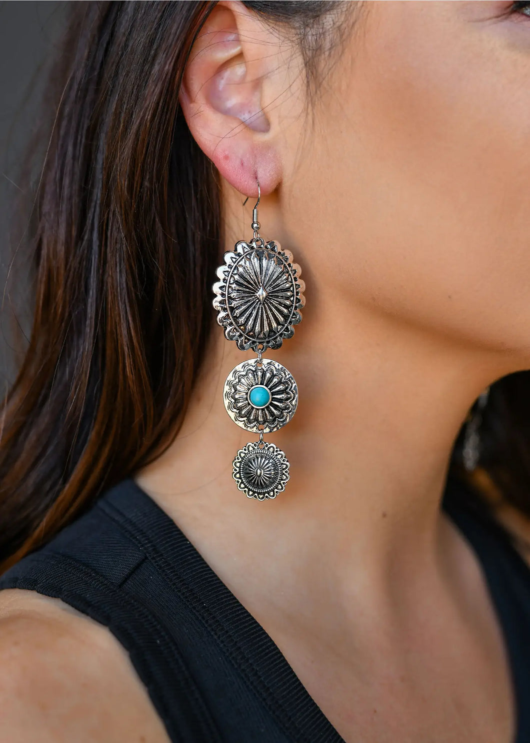 Silver and Turquoise Descenting Concho Earrings