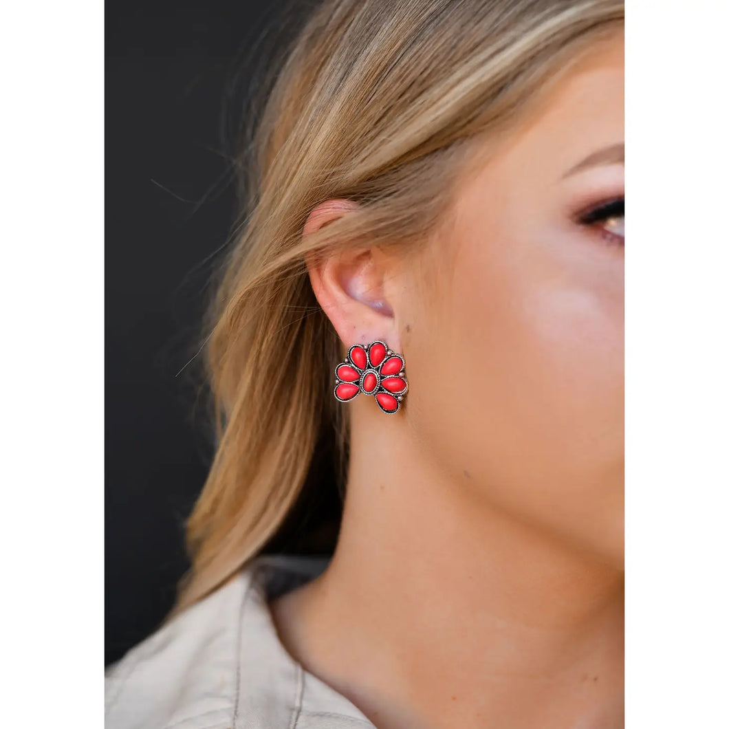 Half Flower Red Post Earrings
