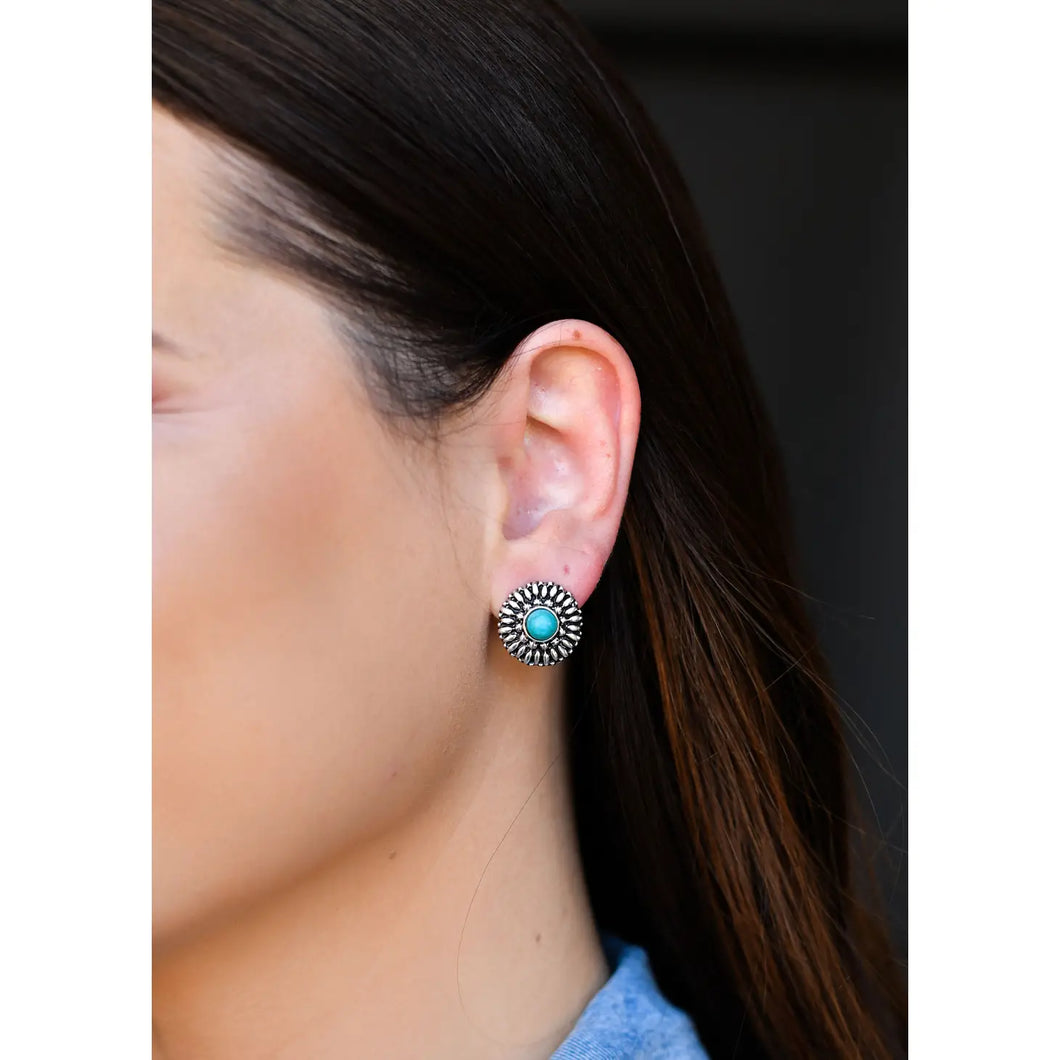 Silver Flower Stud Earrings with Turquoise Accent